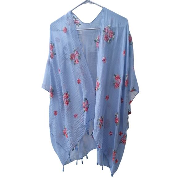 David and Young Blue Floral Embroidered Shawl Kimono Swim cover up Women's OS - Picture 2 of 6